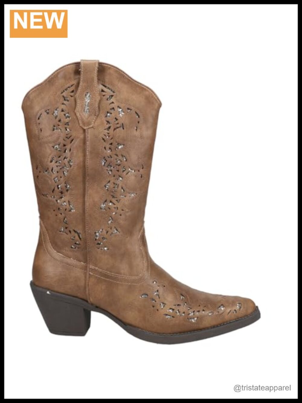 Faux Leather Mid-Calf Western Boots - Slip On, Soft Toe, Glitter